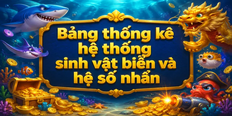 Bảng thống kê hệ thống sinh vật biển và hệ số nhân thưởng tương ứng trong trò chơi săn cá trực tuyến.