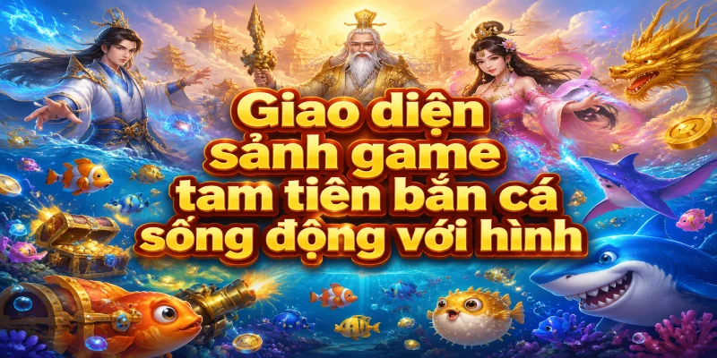 Giao diện sảnh game tam tiên bắn cá sống động với hình ảnh ba vị thần may mắn tại GG88